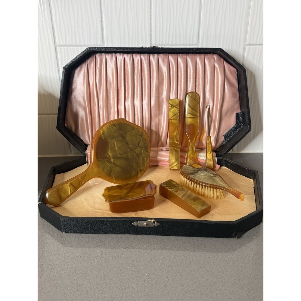 Vintage Bakelite (Tested) 8 Piece Art Deco Vanity Set 1930's W/ Original Case
